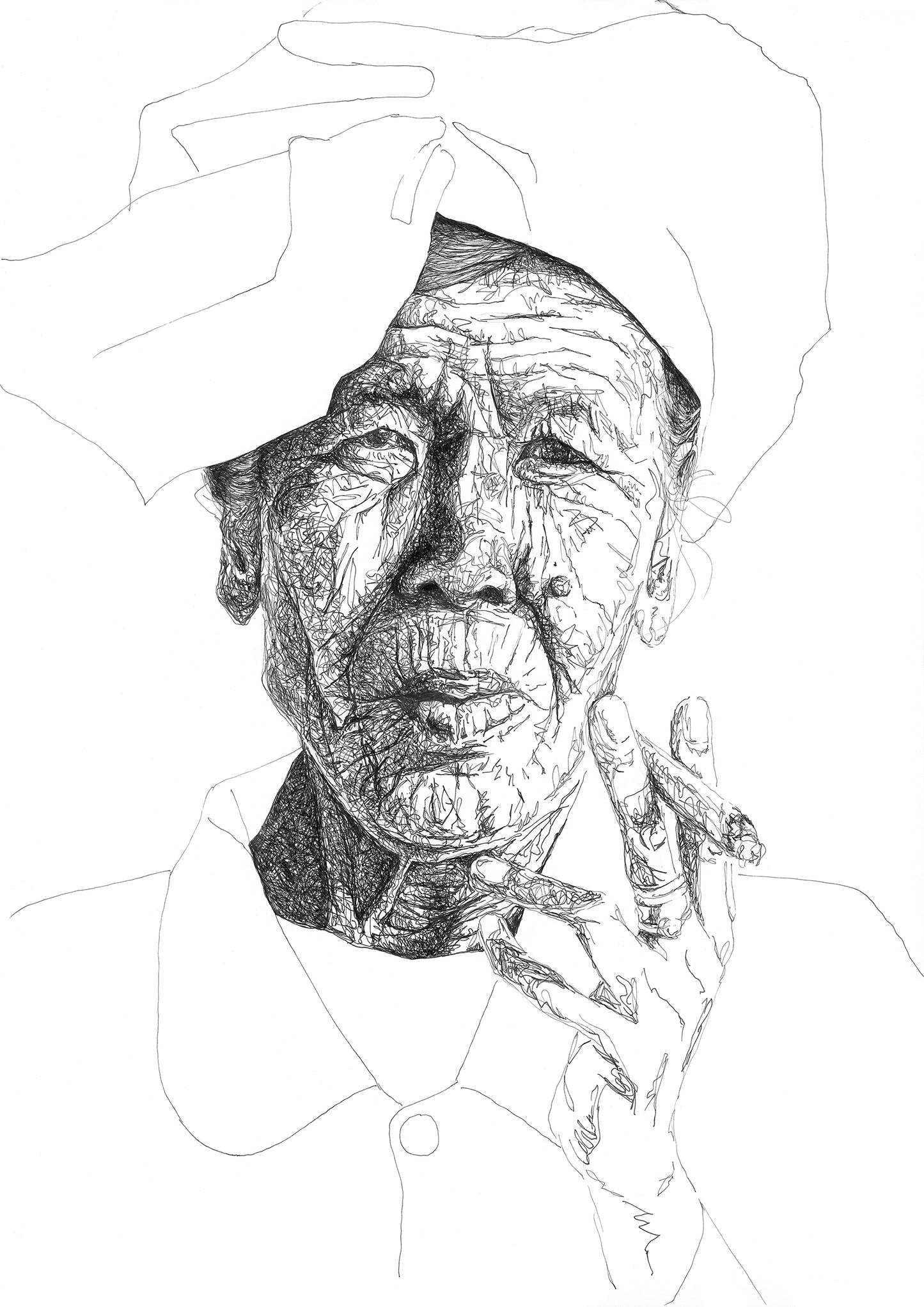 This image features a detailed and expressive portrait drawing of an elderly lady. The artwork captures the subject from the shoulders up, emphasizing her facial features and hand holding a cigarette. The portrait is black and white drawn with pen scribbles, with detailed facial features and minimal outlines for her clothing