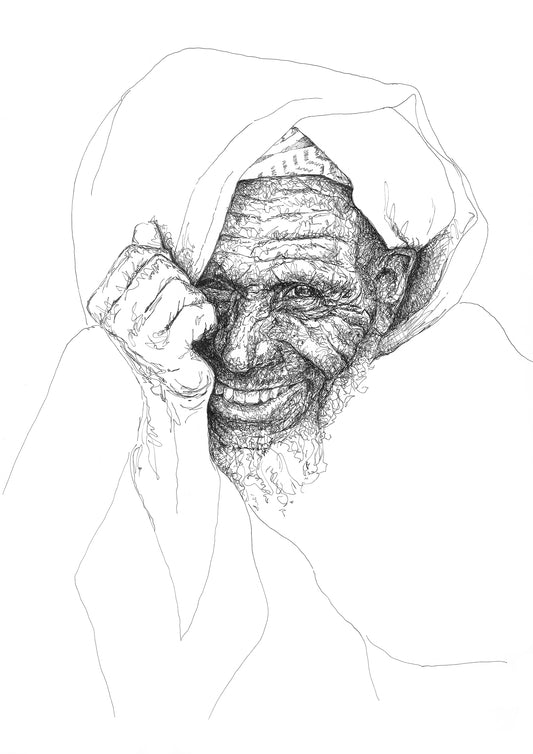 A black and white line drawing portrait of an elderly person with a wrinkled smiling face. The face is drawn with detailed scribbles while the hand and clothing are minimalist