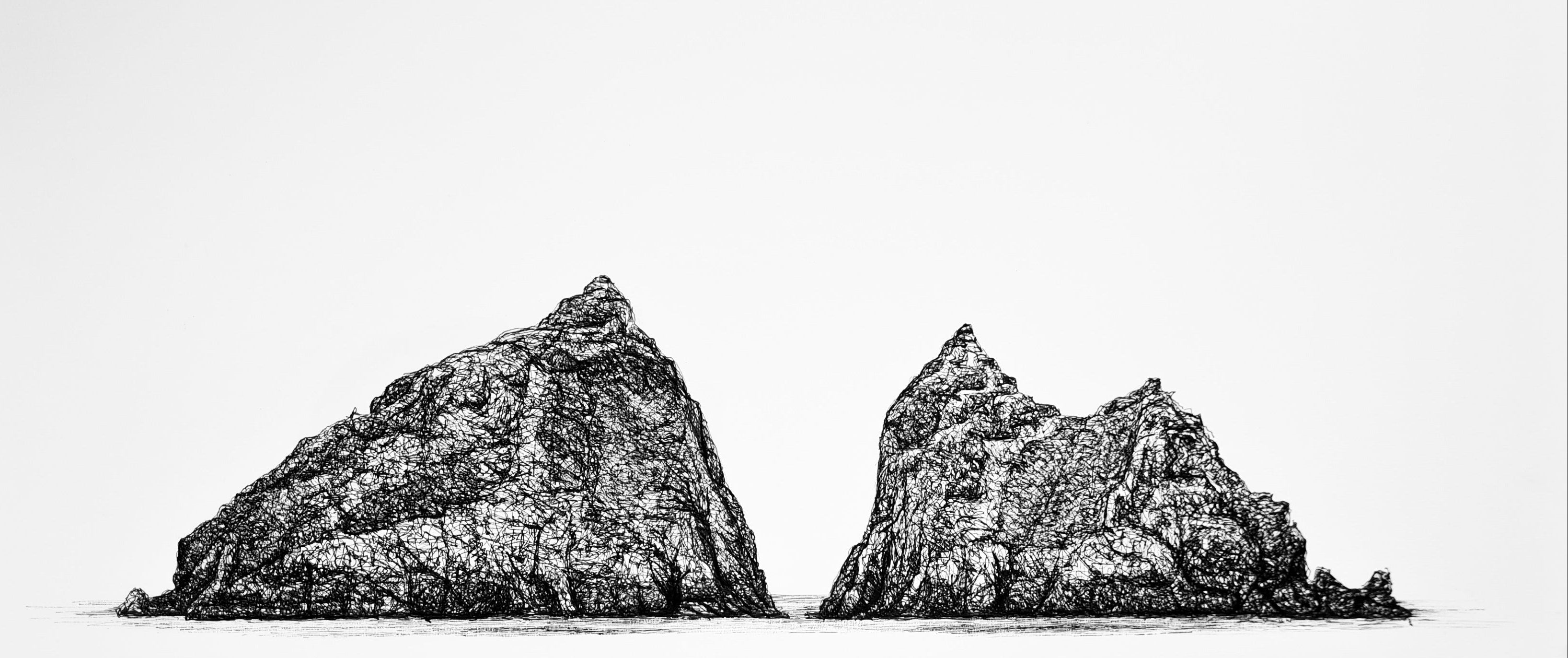 Two rocky islands in the middle of a white background
