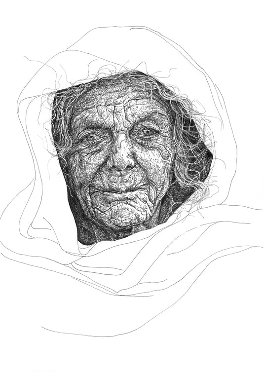 A black and white line drawing of an elderly person's face. This image displays a striking portrait drawing of an elderly woman with wispy hair wearing a scarf wrapped around her head and shoulders. The sketch, done in a monochrome style, emphasizes the subject's wrinkles, hair and facial expression, capturing a sense of age, wisdom and experience. Her shawl is minimally drawn with single pen lines