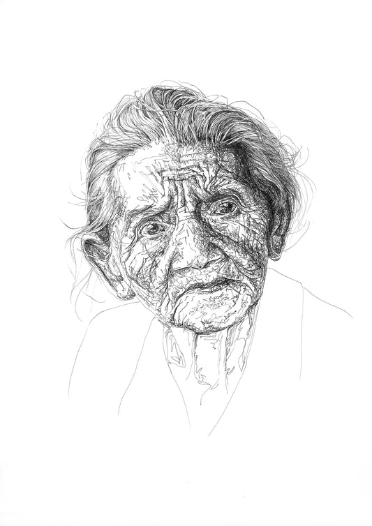 This image displays a striking portrait drawing of an elderly woman. The sketch, done in a monochrome style, emphasizes the subject's wrinkles and facial expressions, capturing a sense of age and experience. Her clothes are minimally drawn, with a single pen line