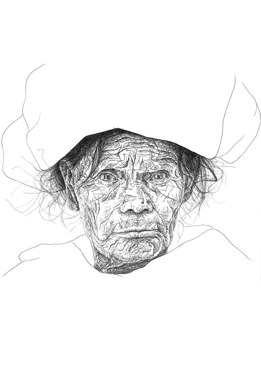 This image features a detailed and expressive portrait of an elderly lady staring intensely at the viewer. The artwork is a monochrome sketch that captures an intense and emotional facial expression. The drawing is done with layered pen scribbles to emphasise the emotion in the face, contrasted with the minimalist clothing drawn with single, smooth lines