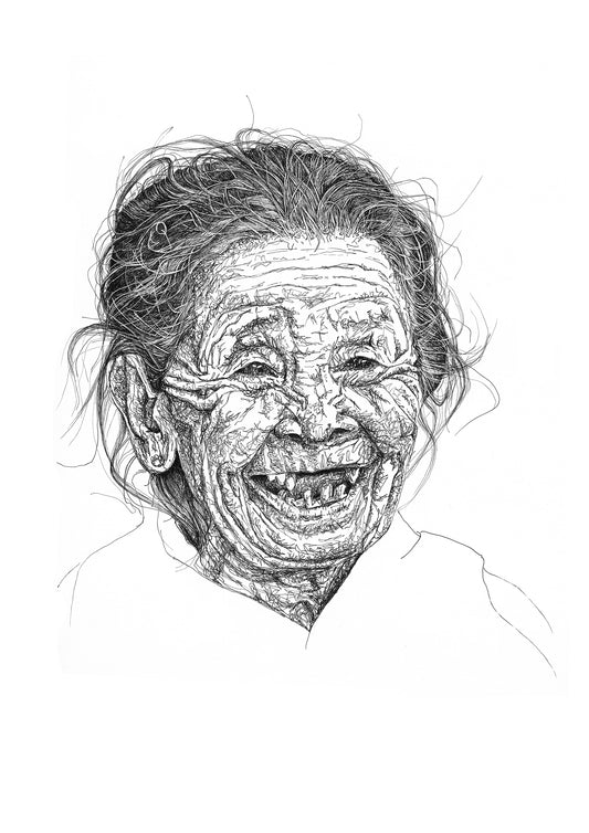 Hand drawn black and white portrait scribbled in pen of an elderly person's face with a wide smile.