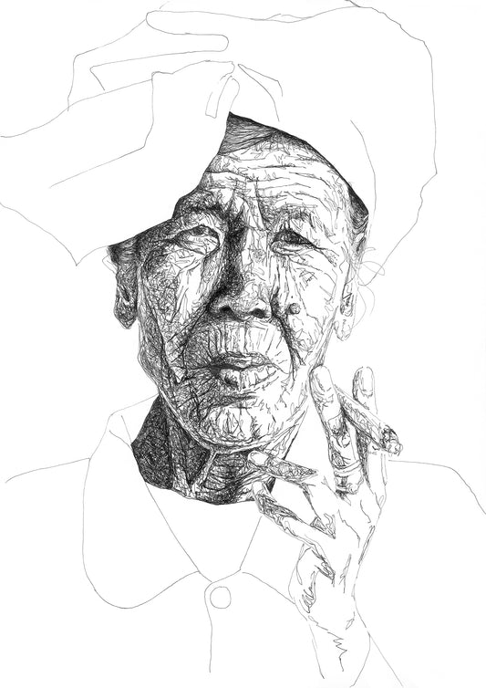 This image features a detailed and expressive portrait drawing of an elderly lady. The artwork captures the subject from the shoulders up, emphasizing her facial features and hand holding a cigarette. The portrait is black and white drawn with pen scribbles, with detailed facial features and minimal outlines for her clothing